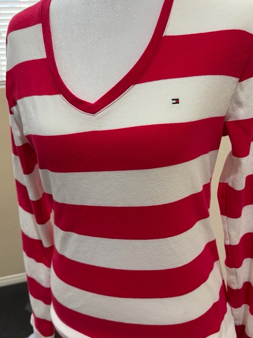 Tommy Hilfiger Red and White Striped V-Neck Long Sleeve Top
